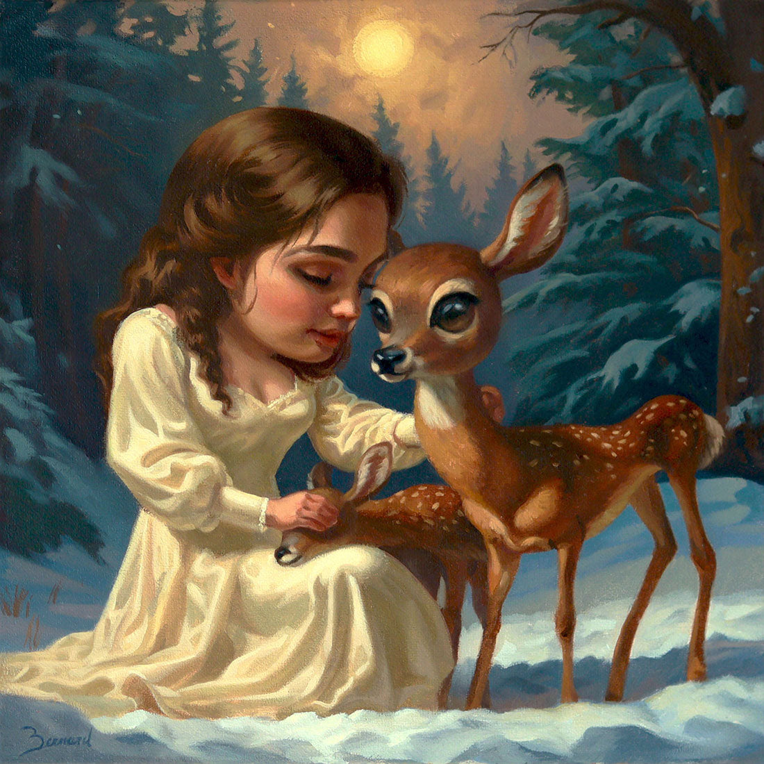 Painting of a young girl in a white dress interacting with a fawn in a snowy forest.