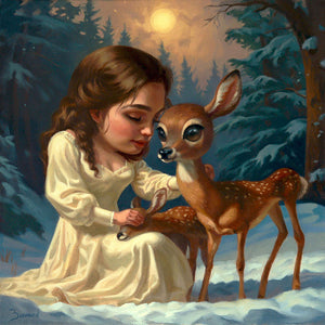 Painting of a young girl in a white dress interacting with a fawn in a snowy forest.