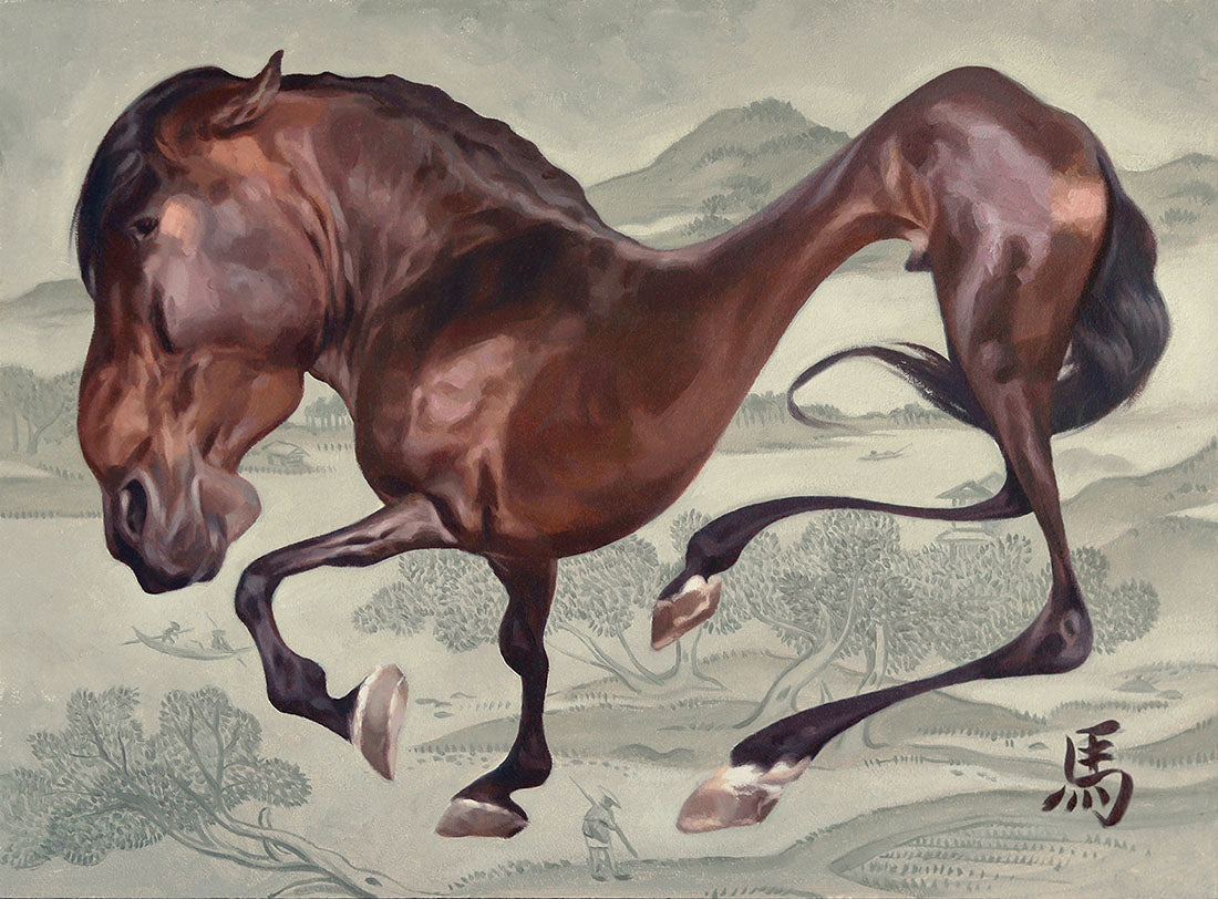Artistic depiction of a horse in a landscape with a stylized background