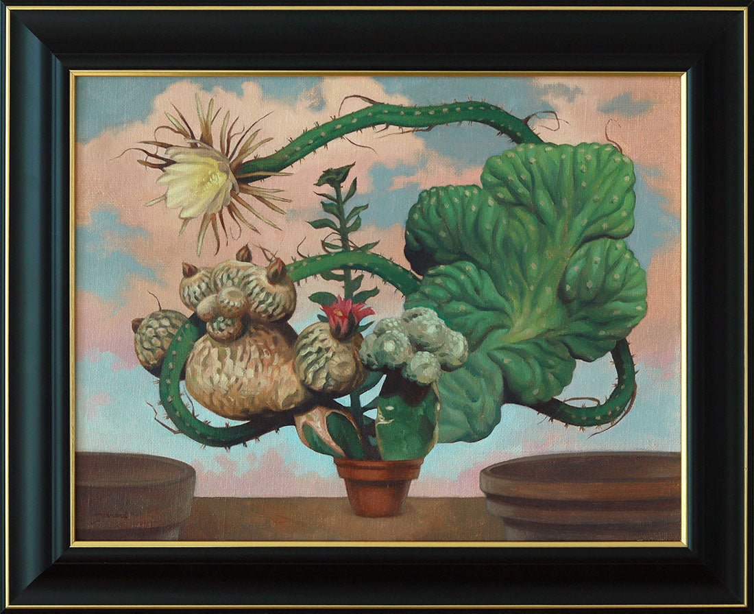 Surrealistic painting of a cactus with owl-like features against a pastel sky.