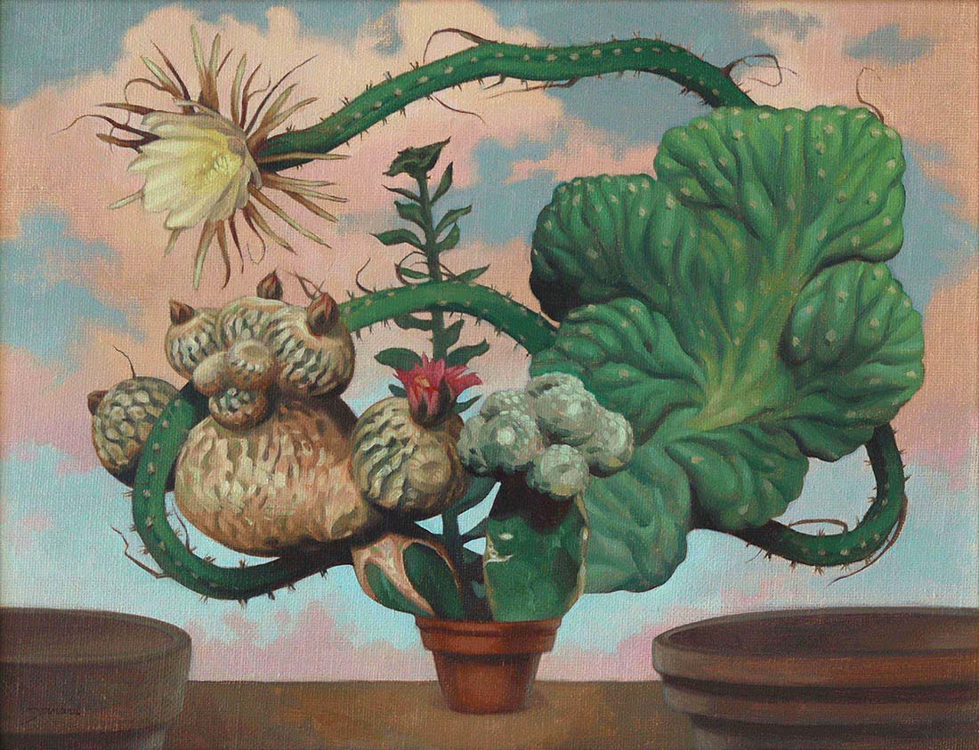Surrealistic painting of a cactus with owl-like features against a pastel sky.