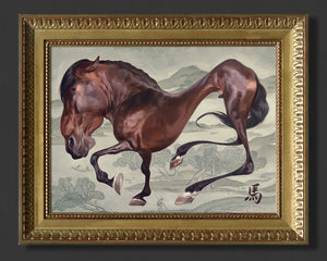 Framed artwork of a horse with a decorative gold frame