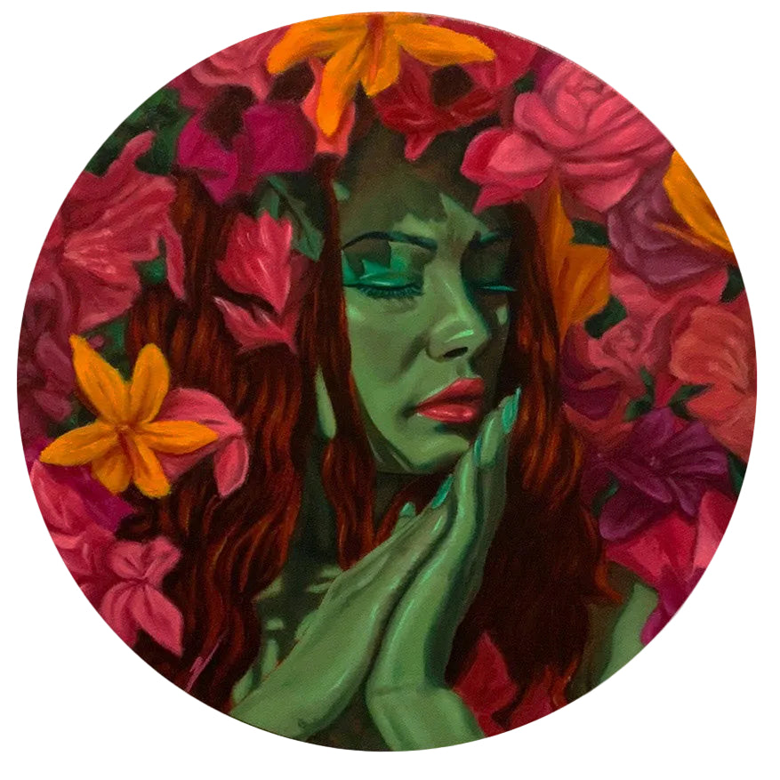 Artistic depiction of a woman surrounded by flowers with a circular frame.