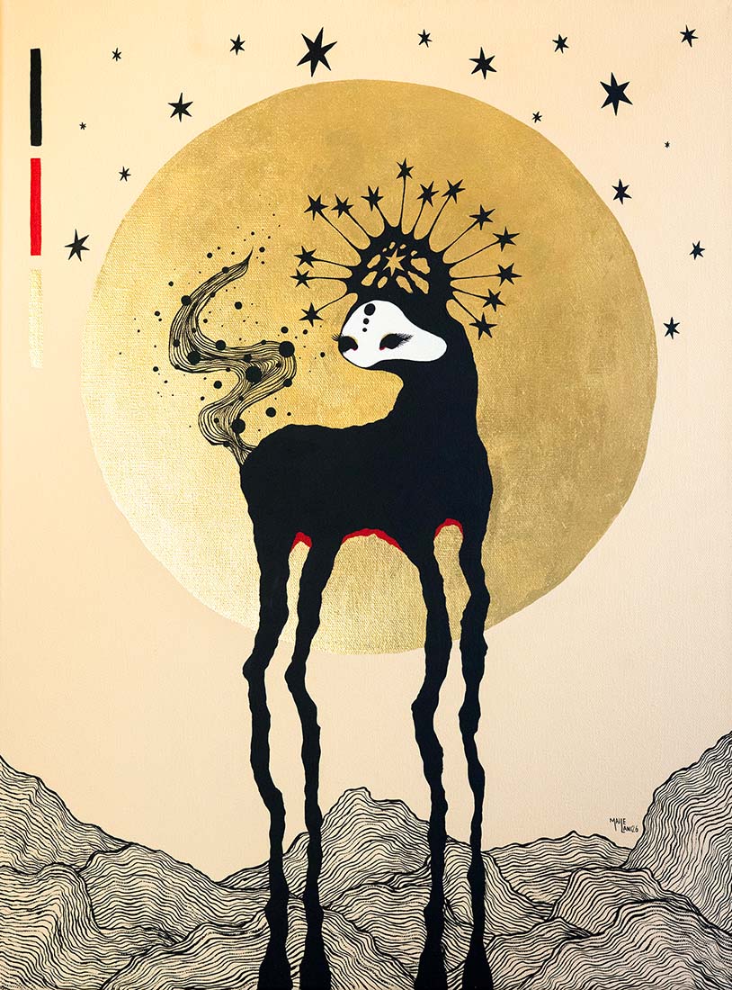 Artistic depiction of a deer with a sun-like head against a beige background