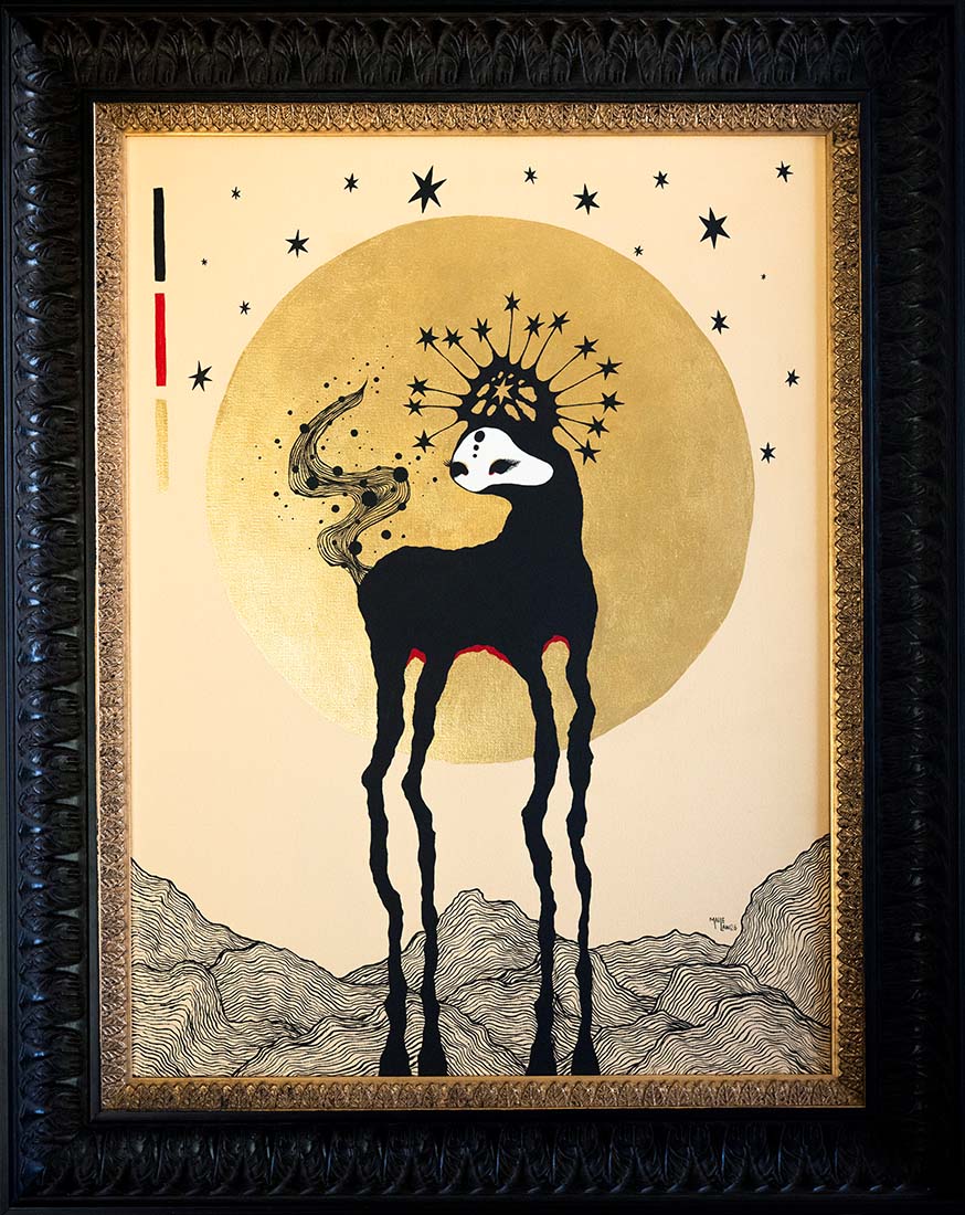 Artistic depiction of a black horse with star-like horns against a gold circle background.