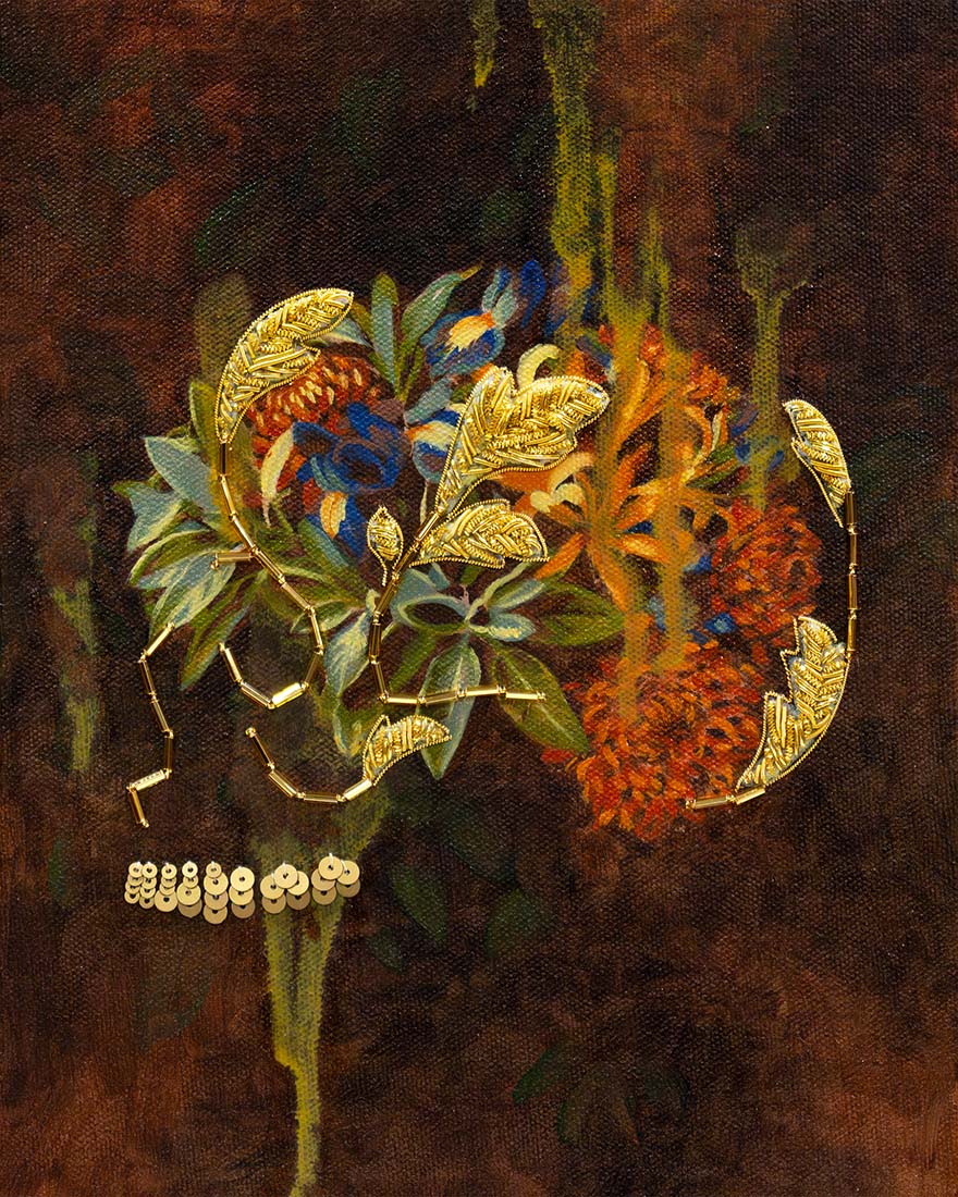 Painting with floral designs on a dark background