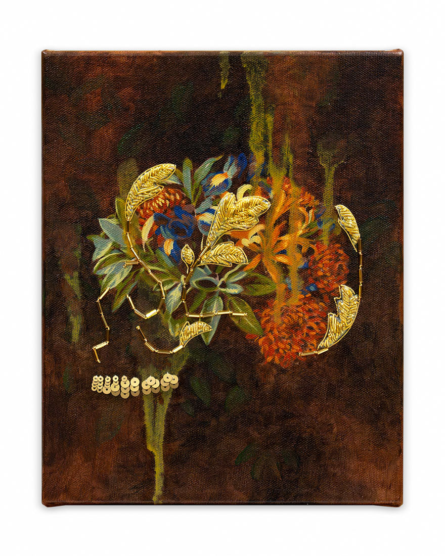 Canvas print of a floral arrangement with gold accents on a dark brown background