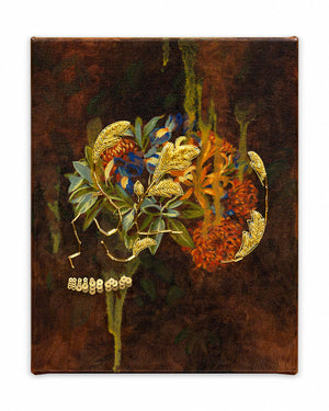 Canvas print of a floral arrangement with gold accents on a dark brown background