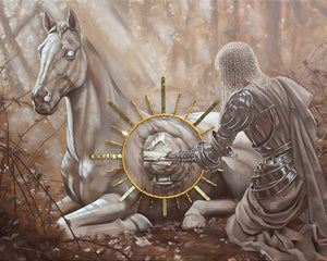 Artistic depiction of a knight in armor kneeling beside a horse in a forest setting.