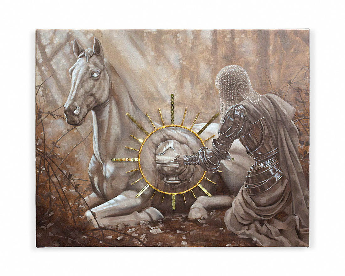Artistic depiction of a knight in armor interacting with a horse, set against a textured background.