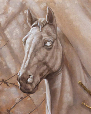 Close-up of a horse's head with a detailed background