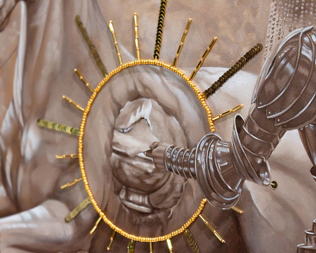 Decorative element with a hand holding a ring, surrounded by gold accents on a beige background