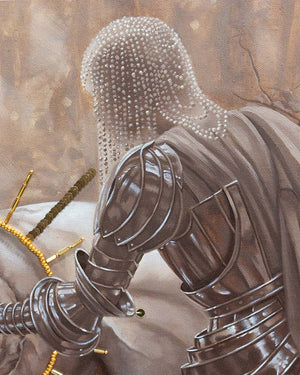 Close-up of a knight in armor with a helmet and gauntlets on a textured background