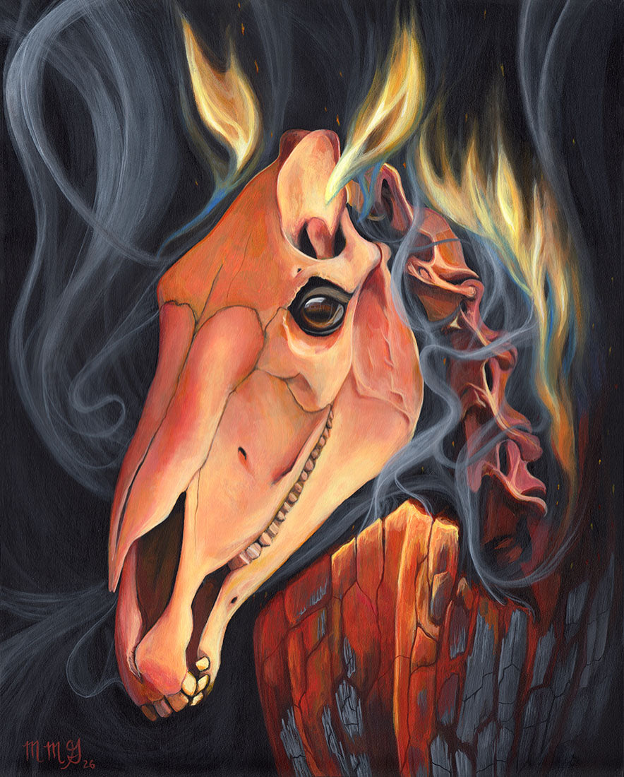 Artistic depiction of a horse's skull with flames and smoke on a dark background