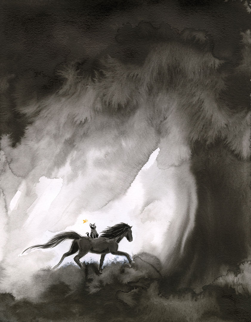 Silhouette of a cat on horseback in a snowy landscape with a bright light source.