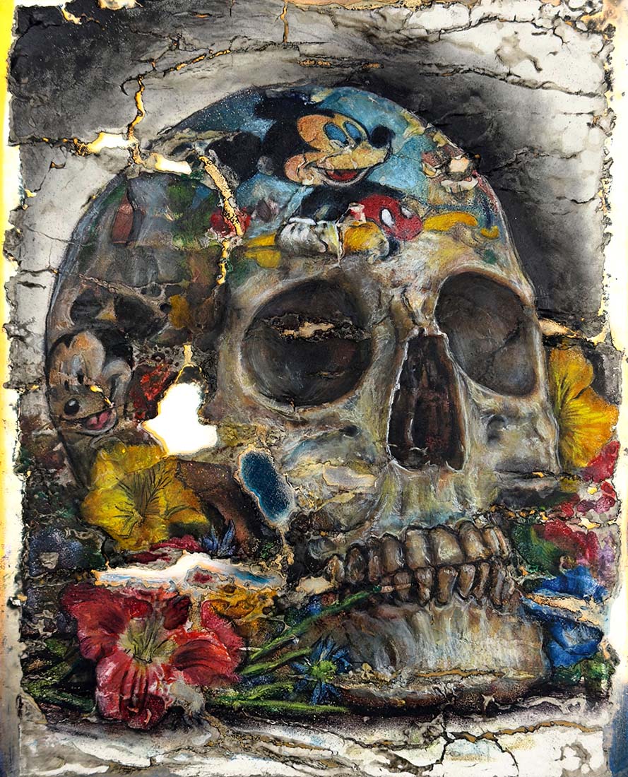 Skull with colorful decorations and cartoon characters on a textured background