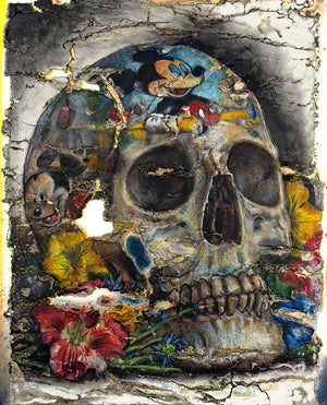 Skull with colorful decorations and cartoon characters on a textured background