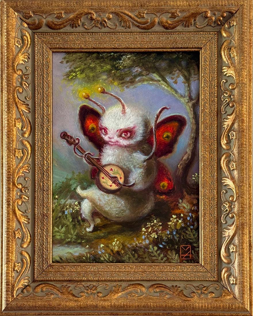 Framed artwork of a creature with butterfly wings playing a banjo in a natural setting.