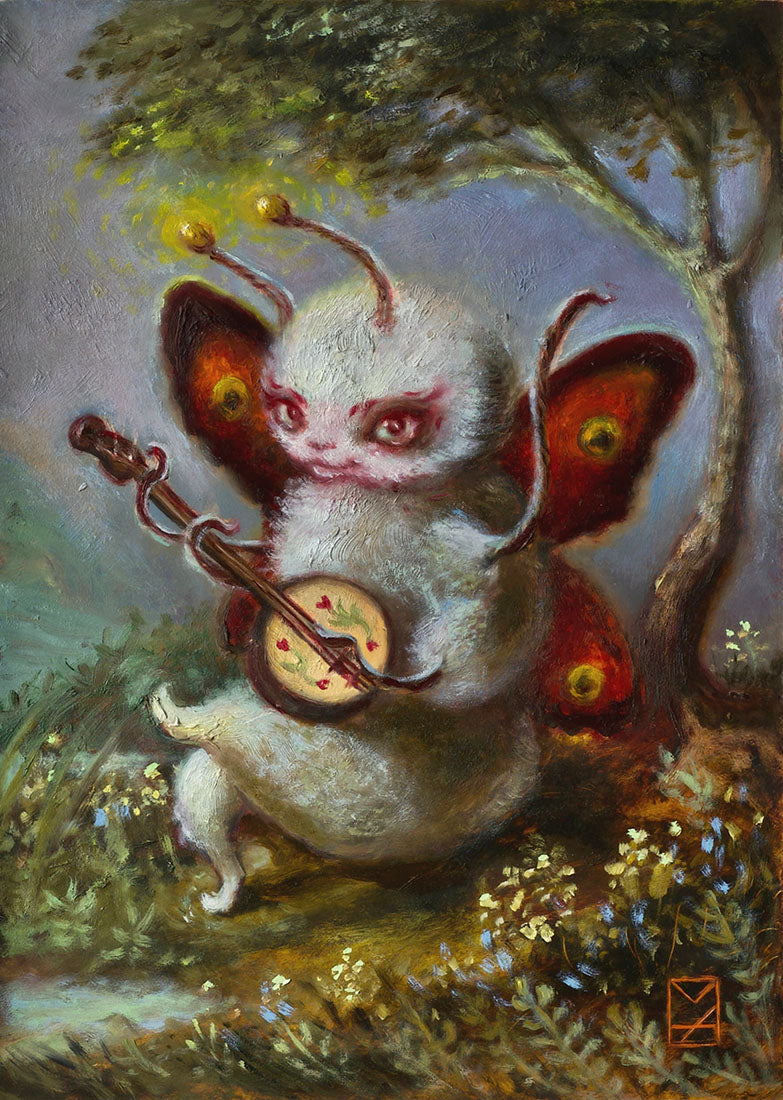 Fantasy creature with butterfly wings playing a banjo in a forest setting