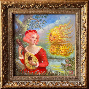 Framed artwork of a woman with red hair playing a lute next to a sun-like figure with yellow hair.