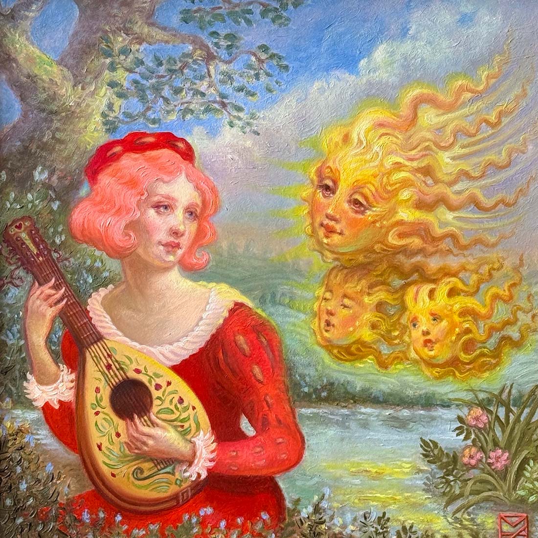 Woman in a red dress playing a lute with sun-like figures in the background