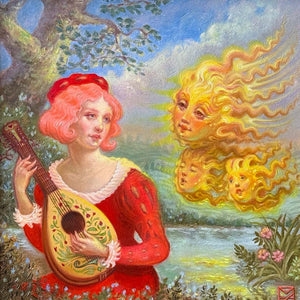 Woman in a red dress playing a lute with sun-like figures in the background