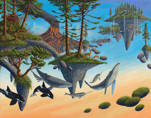 Fantasy landscape with whales, trees, and animals in a surreal setting