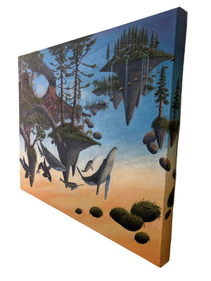 Canvas painting of a surreal landscape with floating islands, trees, and whales.