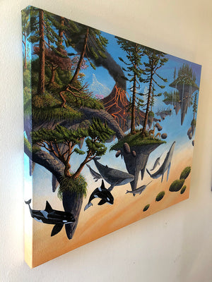 Canvas painting of a nature scene with trees, rocks, and orcas on a white wall.