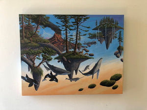 Framed artwork of a surreal landscape with trees, whales, and floating islands.