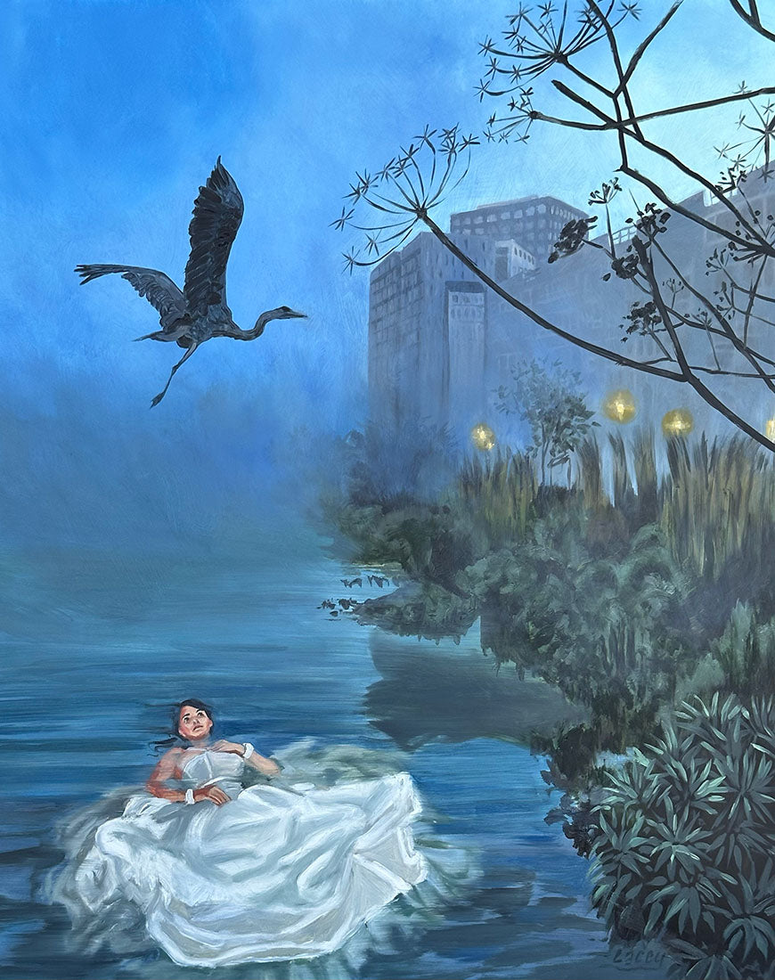 Woman in a white dress floating on water with a heron, city buildings in the background