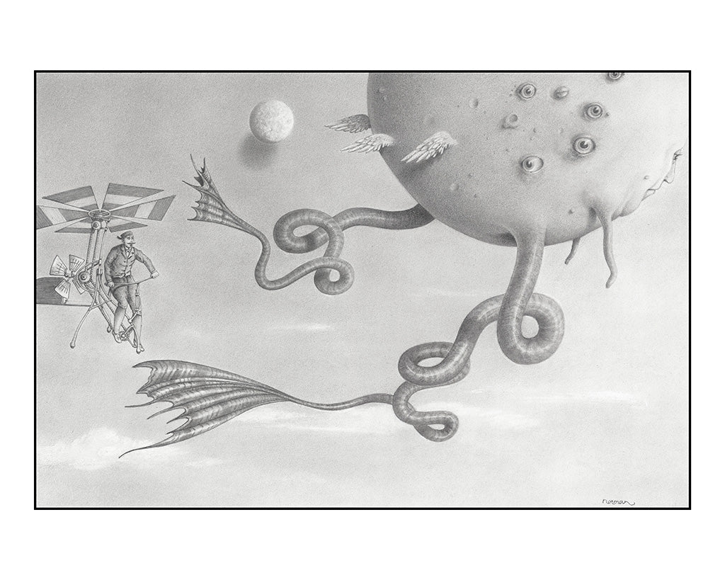 Black and white illustration of a futuristic scene with a large creature, a man on a flying machine, and a planet.