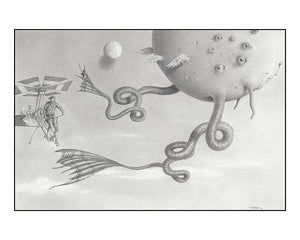 Black and white illustration of a futuristic scene with a large creature, a man on a flying machine, and a planet.
