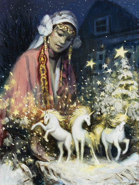 Woman in a snowy scene with unicorns and stars
