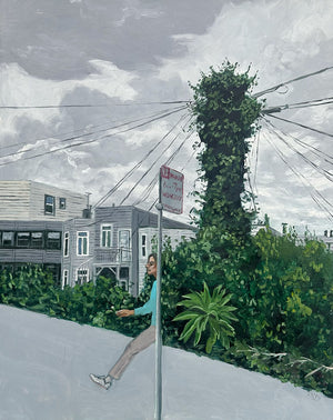 Woman standing on a street corner with overgrown plants and power lines in the background