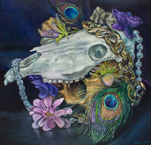 Artistic depiction of a horse skull with peacock feathers, flowers, and jewelry on a dark background