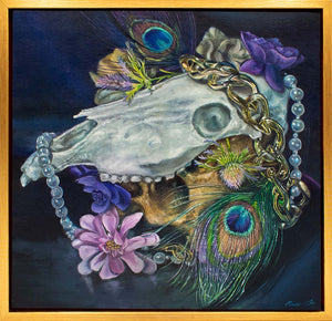Artistic depiction of a horse skull with pearls, peacock feathers, and flowers on a dark background.