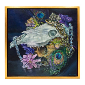 Artistic depiction of a skull with peacock feathers, flowers, and pearls on a dark background.