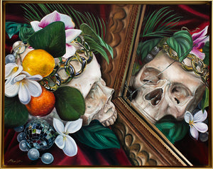 Still life painting with skulls, flowers, and fruits on a dark background