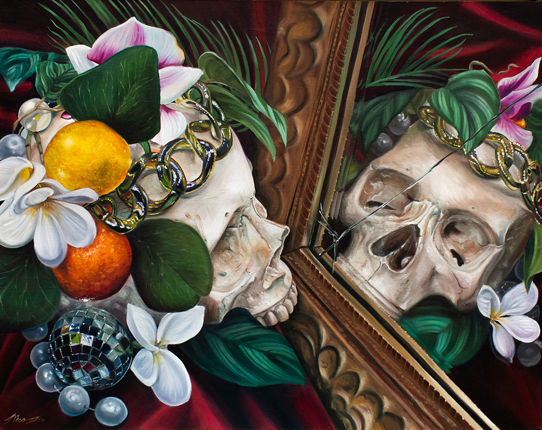 Still life painting with skull, fruits, and flowers in a decorative frame.