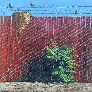 Artistic depiction of a heart-shaped balloon tied to a barbed wire fence with a red wall and green plant in the foreground.