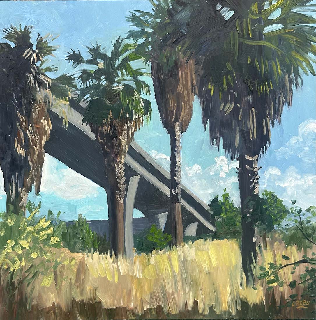 Painting of palm trees under a bridge with a blue sky.