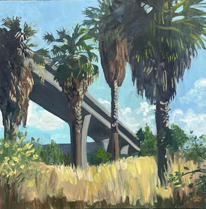 Painting of palm trees under a bridge with a blue sky.