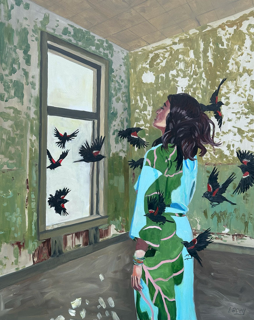 Woman in a green dress standing in a room with peeling walls, looking out a window at black birds.