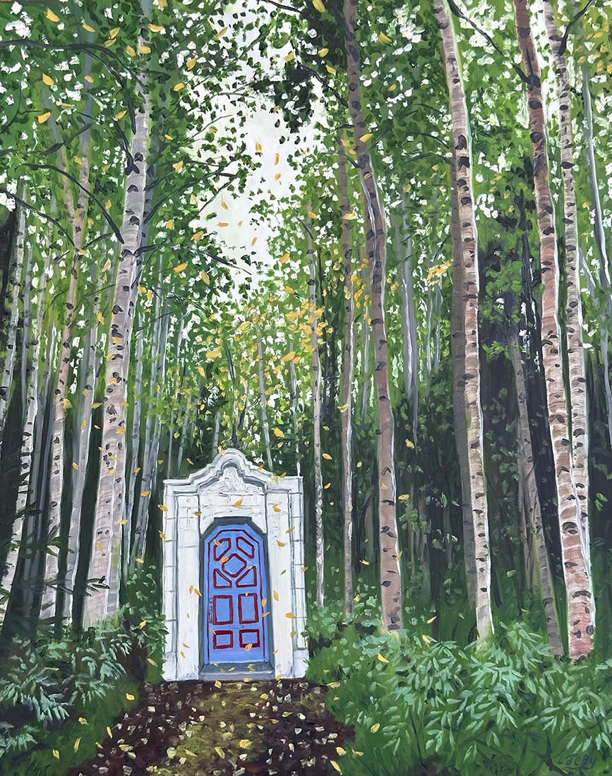 Painting of a door in a forest with birch trees