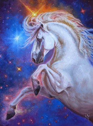 White horse rearing against a starry space background