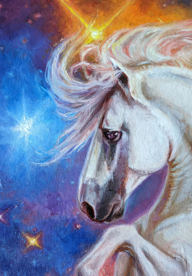 Painting of a white horse with a starry background