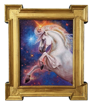 Framed artwork of a horse with a cosmic background