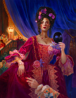 Woman in a detailed, ornate dress holding a crystal ball in a theatrical setting.