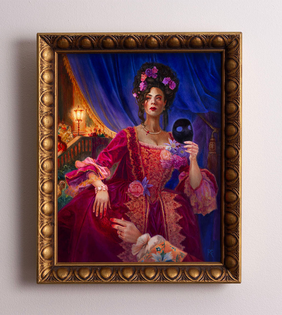 Woman in a detailed, ornate dress holding a crystal ball in a theatrical setting.